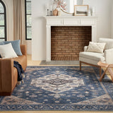 Nourison Brilliance Machine Washable WSB03 Machine Made Power-loomed Ornamental Border Indoor Only Vintage Bohemian Rug Denim, Denim 100% Polyester 99446914217