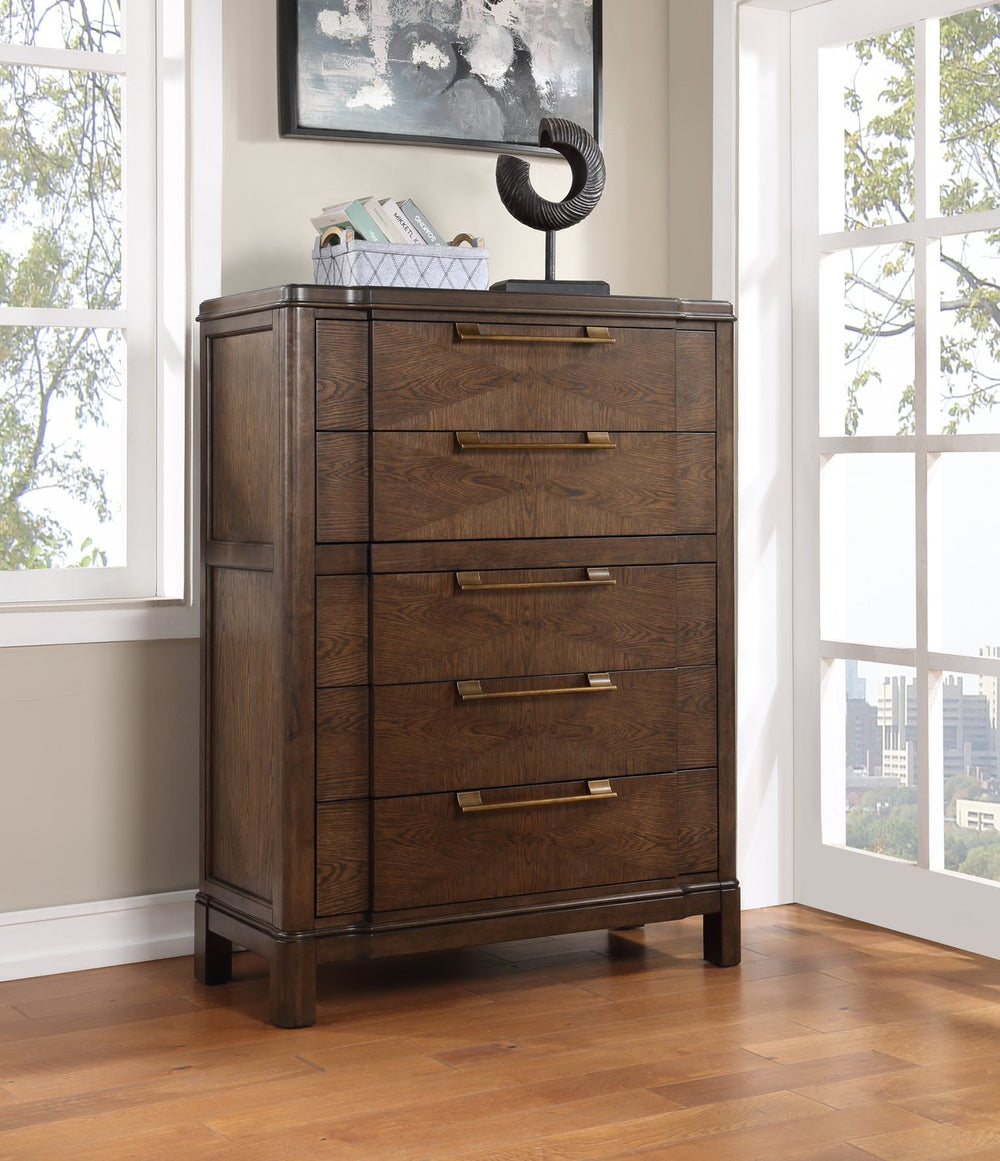 English Elm Steve Silver - Milan Modern Dark Brown Wood Chest with Sunburst Veneer, Antique Bronze Hardware, Whisper-Smooth Drawers B081P157415