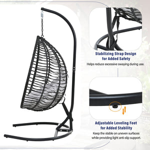 English Elm U_style Wicker Hanging Egg Chair with Stand Foldable Indoor Outdoor Swing Seat Black+ Gray N711P389502E