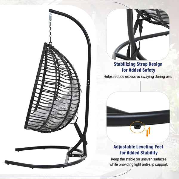 English Elm U_style Wicker Hanging Egg Chair with Stand Foldable Indoor Outdoor Swing Seat Black+ Gray N711P389502E