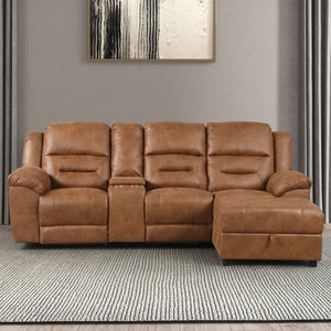 English Elm Contemporary Saddle Brown Leatherette 2pc Sectional Sofa with Console, Chaise Storage, 2 Recliners, Adjustable Backrest B2741S00322