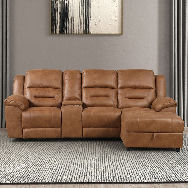 English Elm Contemporary Saddle Brown Leatherette 2pc Sectional Sofa with Console, Chaise Storage, 2 Recliners, Adjustable Backrest B2741S00322