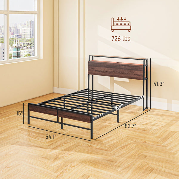 English Elm HOMCOM Full Size Bed Frame with LED RGB Headboard, Built-In Charging Station and 3-Tier Shelf Walnut W2225P249911