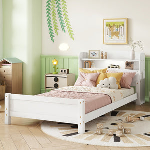 English Elm Twin Pine Wood Bed with Bookcase Headboard LED Motion Sensor Light Guardrails Ample Storage Space White W504P277596