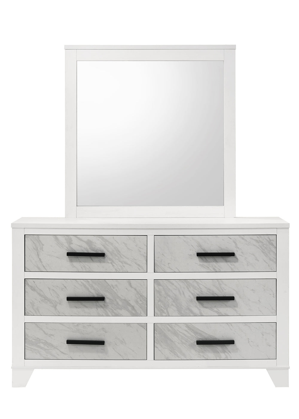 English Elm White Contemporary Dresser 58" W Faux Marble Inset Black Bar Pulls Metal Glide English Dovetail B2741P406274
