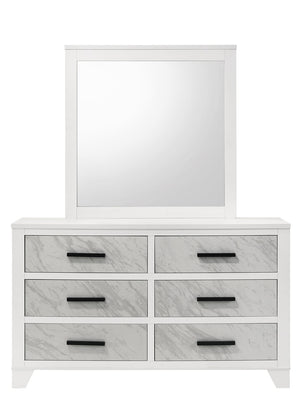 English Elm White Contemporary Dresser 58" W Faux Marble Inset Black Bar Pulls Metal Glide English Dovetail B2741P406274