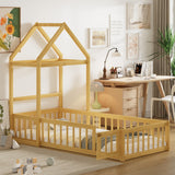 English Elm Wooden Floor Bed With Fence Railings and Detachable House Shape Headboard, Twin Size Bed With Kids Dress Up Rack, Kids Montessori Style Playhouse Frame For Girls Boys, Natural