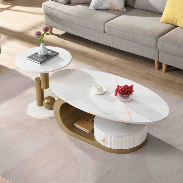 English Elm Modern Nesting Golden Coffee Table Set - Elegant Oval & Round Tables For Living Room Style & Storage W821S00002-GIGA