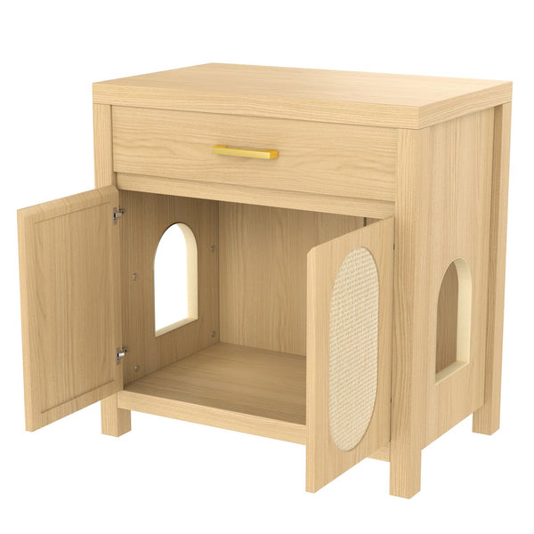 English Elm Cat Litter Box Cabinet with Sisal Doors Storage Drawer and Nightstand Surface N704P379111N