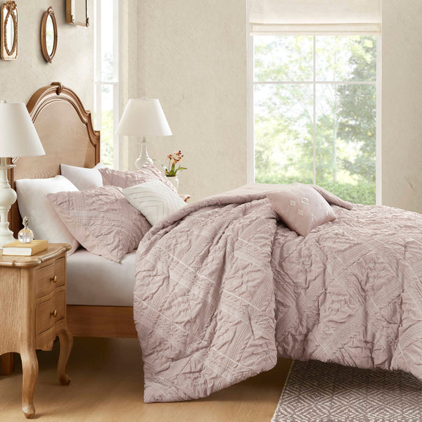 English Elm 5-Piece Sculpted Jacquard Comforter Set Full/Queen with Plush Polyester Fill, Elegant Texture Pink 12.99 L x 17.01 W x 6.5 H B035P408222