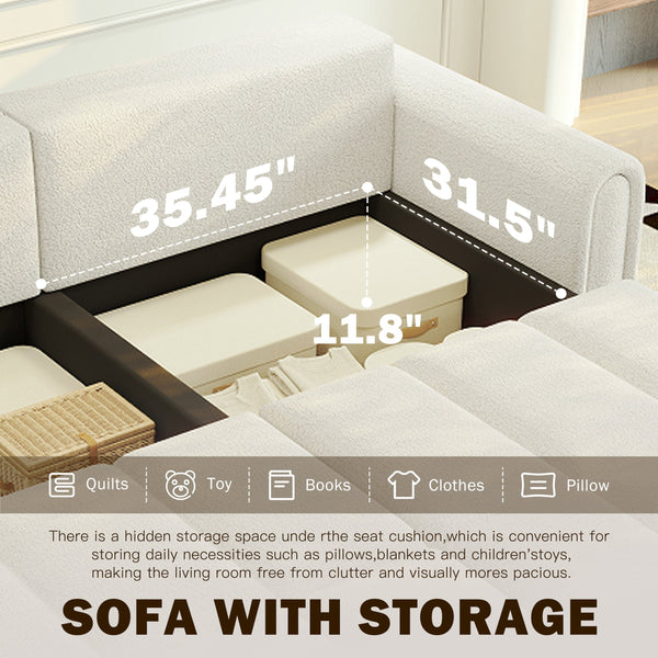 English Elm 90.2" Plush Teddy Fabric Convertible Sleeper Sofa with Hidden Storage for Living Room Beige+White W1885S00311