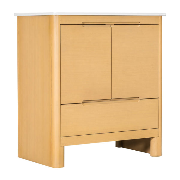English Elm [video] 30 Inch Freestanding Bathroom Vanity Pine Legs Ceramic Sink Soft Close Storage Oak N759P412928O