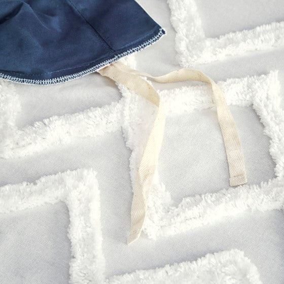 English Elm Full/Queen Mila 3 Piece Cotton Duvet Cover Set with Navy Botanical Print, Chenille Tufting & OEKO-TEX Comfort B035129137