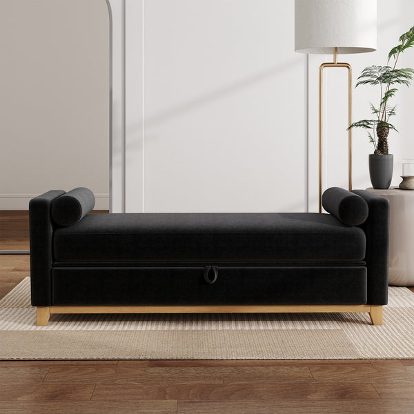 English Elm 66 Inch Sherpa Upholstered Storage Bench with Fluted Wood Base and Bolster Pillows Black+Neutral W1658P446125