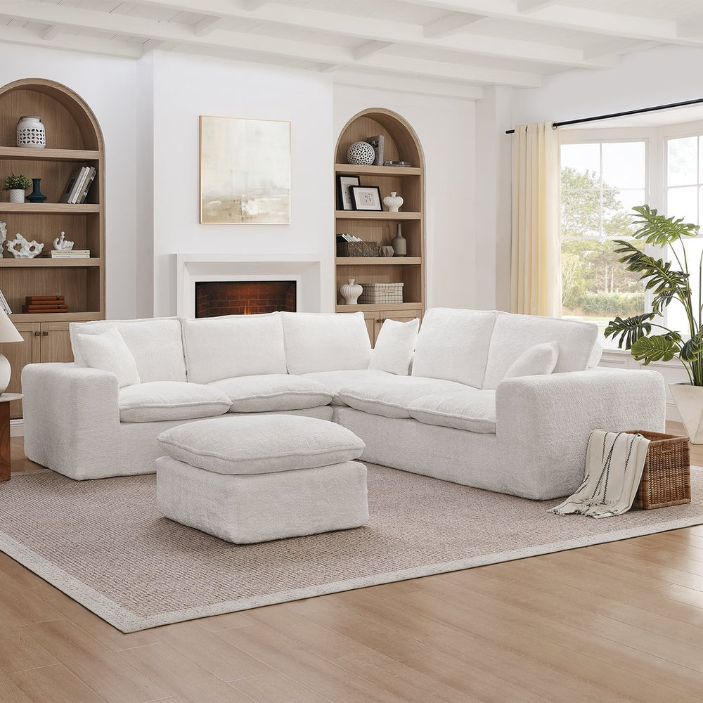English Elm 107'' Boucle Modular Sectional Sofa Deep Cloud Cushions Reversible Chaise Living Room Beige W1413S00161