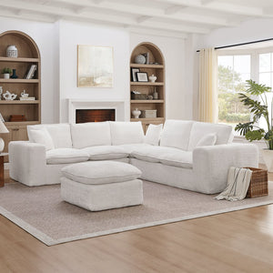 English Elm 107'' Boucle Modular Sectional Sofa Deep Cloud Cushions Reversible Chaise Living Room Beige W1413S00161