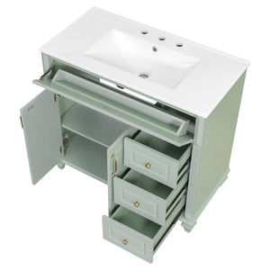 English Elm 36" Forest Green Rubberwood Bathroom Vanity with Ceramic Sink and Golden Hardware N725P356069F
