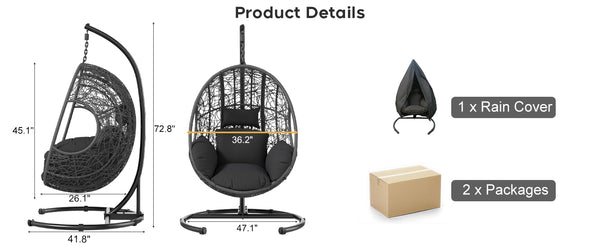 English Elm 42 Inch Wide Hanging Egg Chair Pe Rattan Patio Swing with 400lb Capacity Cushioned Seat W3979S00007