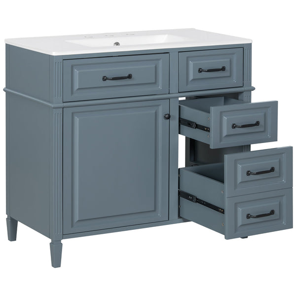 English Elm 36-Inch Modern Bathroom Vanity With Ceramic Sink Top, Storage Drawers, And Stylish Blue Gray Finish N725P350849E