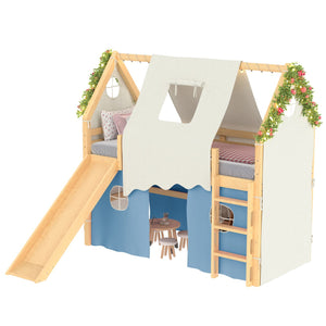 English Elm Twin Pine Loft Bed with House Frame Tent Led Lights Slide and Floor Space Below W1580S00290