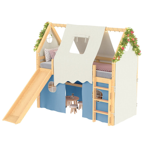 English Elm Twin Pine Loft Bed with House Frame Tent Led Lights Slide and Floor Space Below W1580S00290