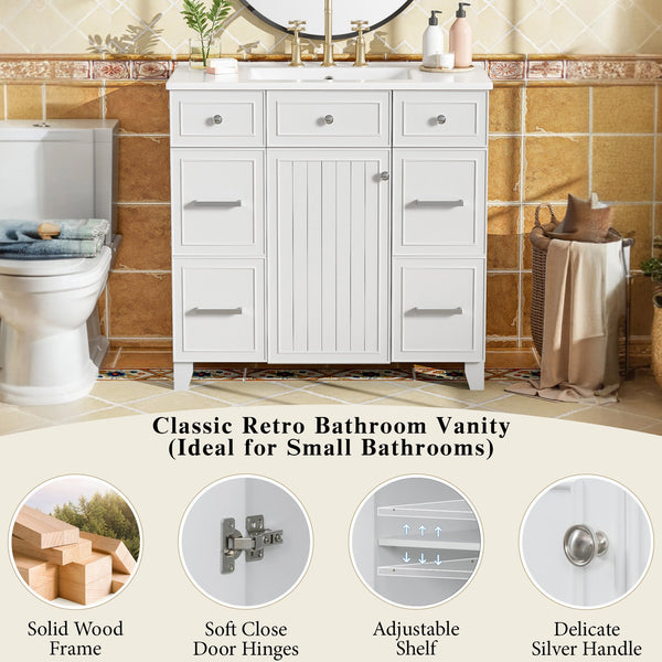 English Elm 36" 36-inch Transitional Bathroom Vanity with Ceramic Basin, Solid Wood Frame, Soft-Close Storage Elegance White N729P255663K