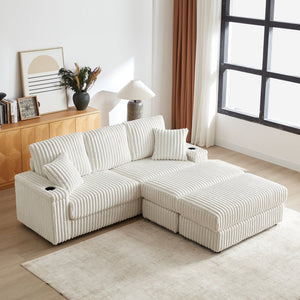 English Elm 84inch Corduroy Deep Seat Three Person Sofa with Storage Ottomans for Living Room Beige W834S00565