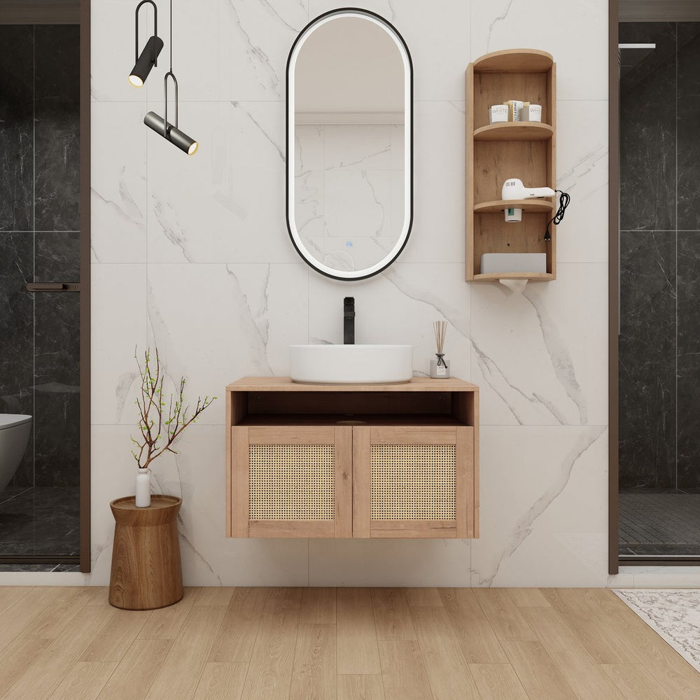 English Elm 30" Floating Bathroom Vanity Oak Finish Ceramic Vessel Sink Soft Close Plywood Cabinet W999S00501