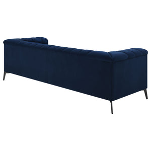 English Elm Darci Blue Velvet Tuxedo Sofa with Channel Tufting and Angled Black Metal Legs — Luxe Accent Seating B062P357812