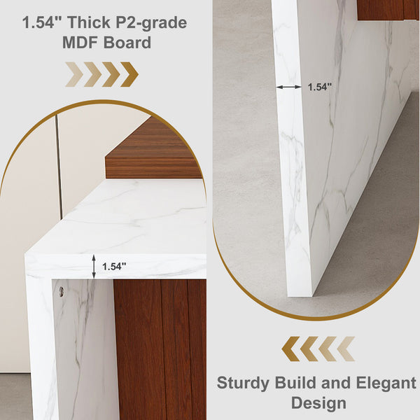 English Elm 63" Modern Kitchen Island Set With 2 Beige Bar Stools, White Marble Look, Led Lighting & Grill Design W2699S00074