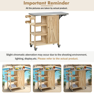 English Elm Foldable Outdoor Kitchen Cart with Stainless Worktop Fir Wood Frame and Lockable Wheels Natural N719P380281N
