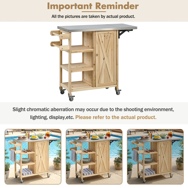 English Elm Foldable Outdoor Kitchen Cart with Stainless Worktop Fir Wood Frame and Lockable Wheels Natural N719P380281N