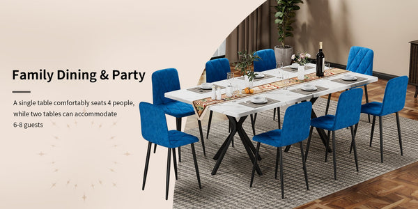 English Elm Square MDF Dining Set for 4 with Faux Marble Top, Mid-Century Modern Iron Legs, Easy-Clean Surface White+Blue W578S00022