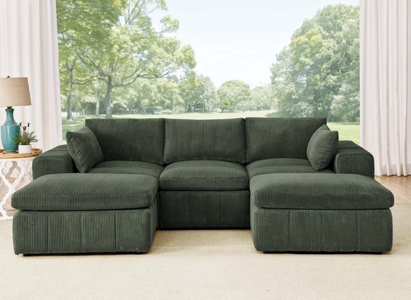 English Elm Large Corduroy Modular Sectional Sofa with Two Ottomans for Family Room Comfort Dark Green B2748S00042