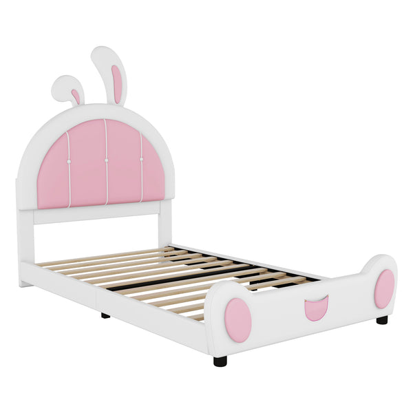 English Elm Twin Upholstered Platform Bed with Ribbit Headboard, White Pink Ears, Low-Profile Modern Frame, Cute WF323763AAK