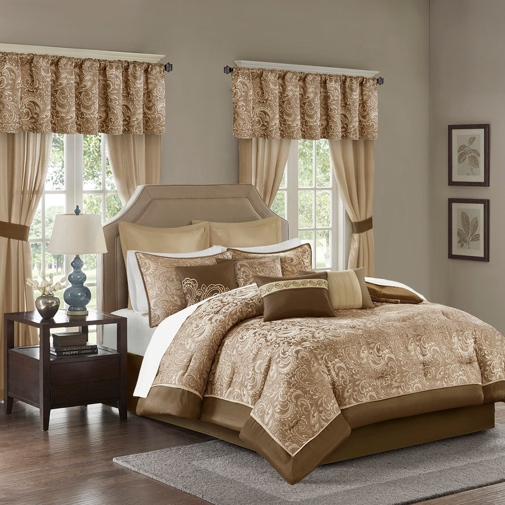 JLA Home Madison Park Essentials - 24 Piece Room in a Bag Luxe Jacquard Paisley Bedding Set in Brown Taupe Gold with Curtains Valances MPE10-786