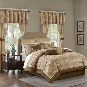 JLA Home Madison Park Essentials - 24 Piece Room in a Bag Luxe Jacquard Paisley Bedding Set in Brown Taupe Gold with Curtains Valances MPE10-786
