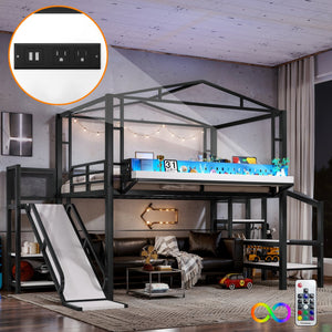 English Elm Twin Metal Loft Bed with Built-in Wardrobe Storage Stairs Led Lights and Usb Ports W5316S00047