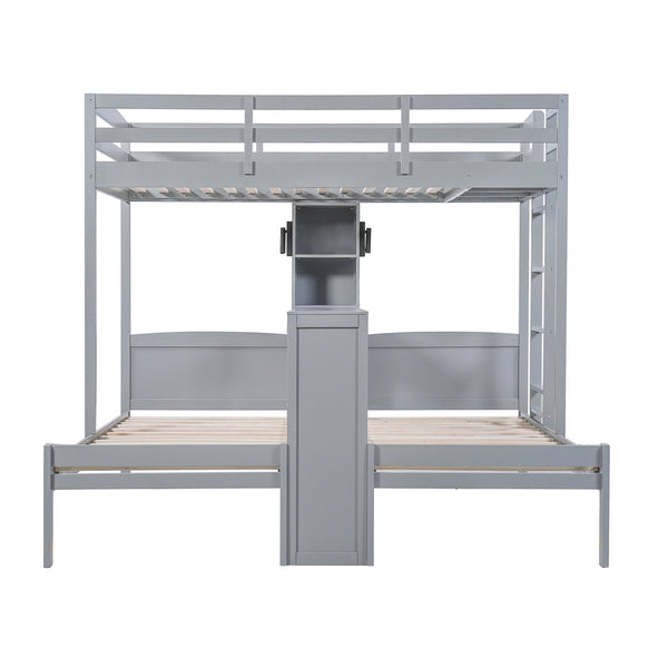 English Elm Twin Triple Bunk Bed with Built in Desk Open Shelving and Led Task Lighting Gray N7090002243E