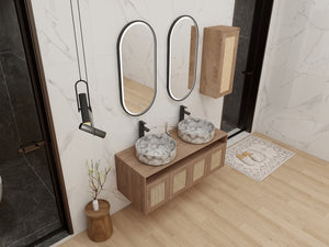 English Elm 48" Floating Bathroom Vanity Dual Ceramic Vessel Sinks Oak Finish Soft Close Doors W999S00500