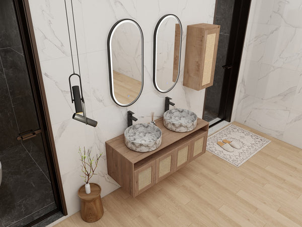 English Elm 48" Floating Bathroom Vanity Dual Ceramic Vessel Sinks Oak Finish Soft Close Doors W999S00500