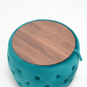 English Elm Ball Cast Round Nesting Ottoman Set Linen Upholstered Hidden Storage with Wooden Tray Blue W3163P379372