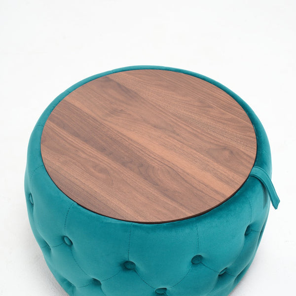 English Elm Ball Cast Round Nesting Ottoman Set Linen Upholstered Hidden Storage with Wooden Tray Blue W3163P379372