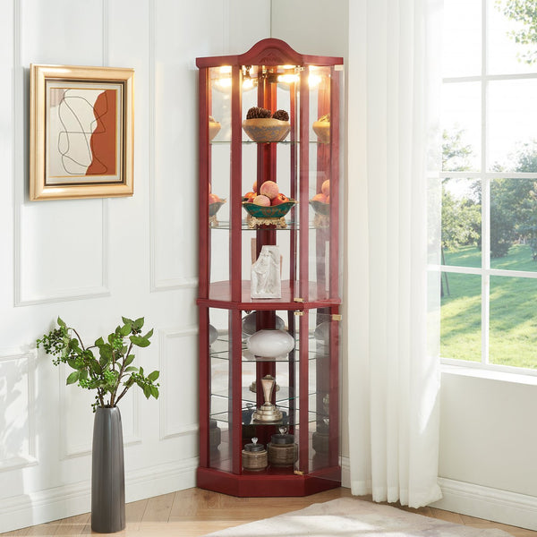 English Elm Lighted Glass Display Cabinet - Elegant Corner Curio With Adjustable Shelves & Integrated Lighting W1758P300136