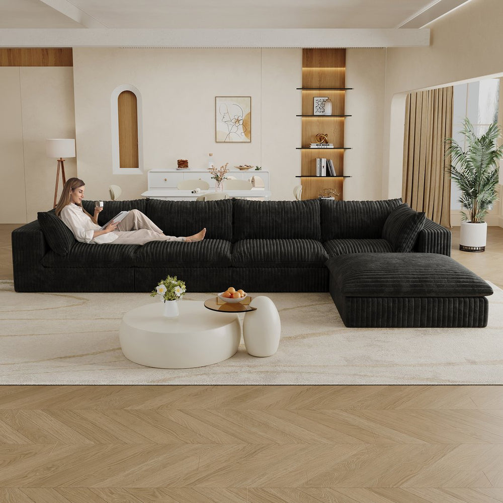 English Elm 157.6" Corduroy Modular Cloud Sofa Feather Fill Deep Lounge Seating for Living Room Black W2824S00185
