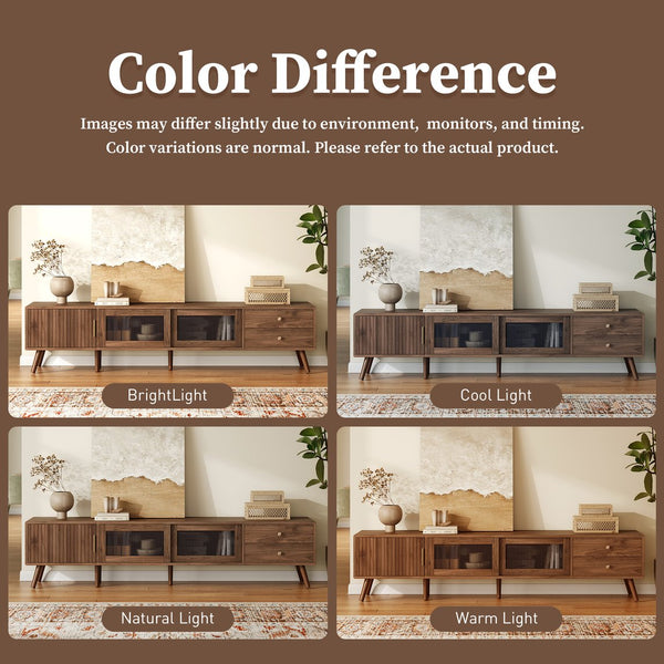 English Elm 76" Modern Minimal TV Stand with Waveform Glass Doors, Soft-Close Drawers, Cable Management, Solid Wood Legs (Fits TVs up to 85") N710P298234P