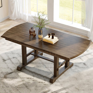 English Elm 60"-78" Extendable Dining Table with Removable Leaf, Solid Wood Farmhouse Kitchen Table for 4-8 Guests, Durable Finish and Easy Care Guidance Brown N752P271802D