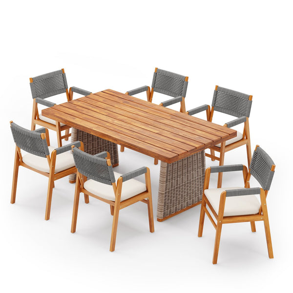 English Elm Christopher Knight Home® - Outdoor 7-Piece Acacia Wood Dining Set With Woven Rattan Legs & Cushioned Armchairs For Comfort N773OD00045G
