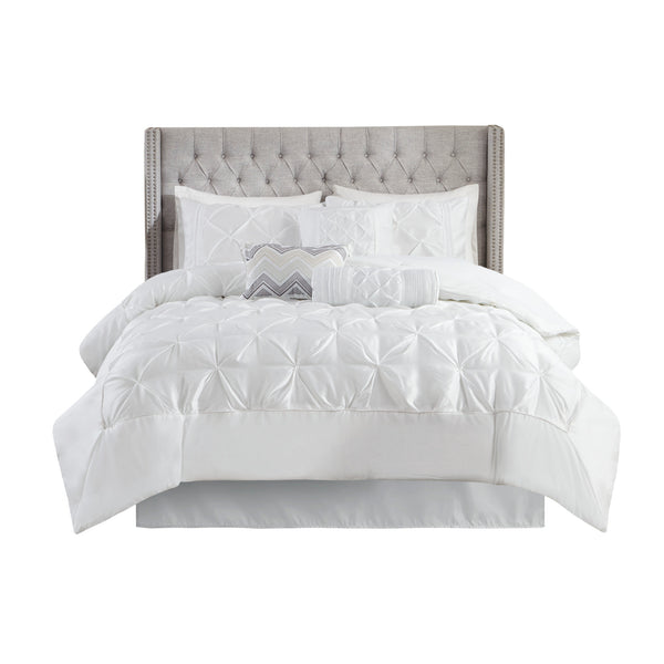 English Elm 7-piece Queen Tufted Pleated Comforter Set with Shams Bed Skirt Decorative Pillows White B035P463183