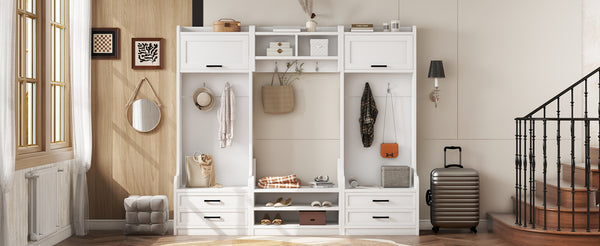 English Elm 4-in-1 Hall Tree with Bench, 7 Hooks, 2 Cabinets & 4 Drawers for Entryway Storage and Seating White W1580S00090